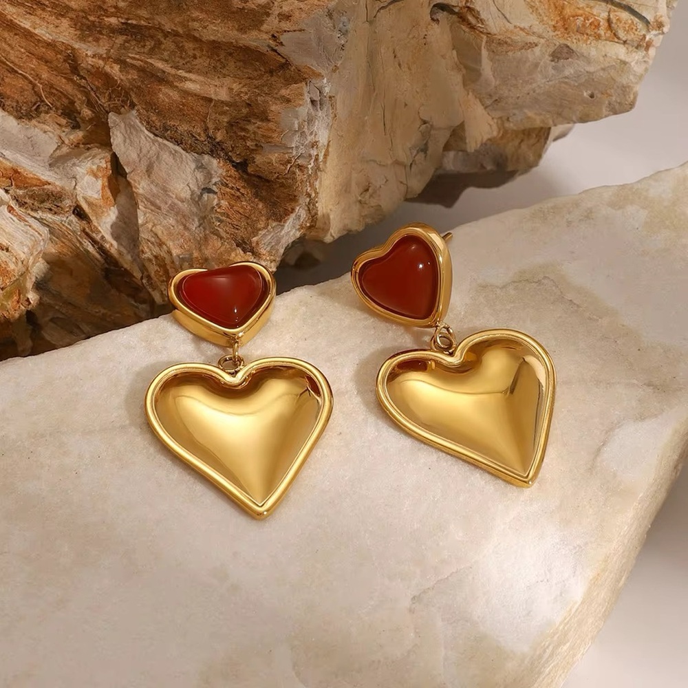 18 K Gold Plated Stainless Steel Red  Agate Heart Drop Earrings
